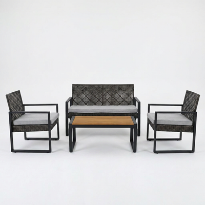 Wicker Patio Conversation Set Built for Outdoor Living, 4-Piece, Acacia Wood Table, Grey Cushions