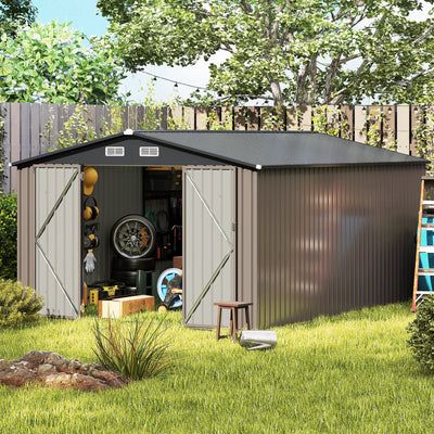10 x 14 FT Outdoor Storage Shed with Improved Windproof Metal Structure-Gray