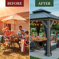 12' X 14' Wood Gazebo, Outdoor Hardtop Gazebo with Wood Posts and Galvanized Steel Doule Roof, Wooden Frame Gazebos with Netting and Curtains for Patio, Backyard, Deck Garden — Before & After