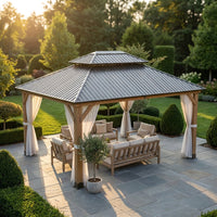 12' X 14' Wood Gazebo, Outdoor Hardtop Gazebo with Wood Posts and Galvanized Steel Doule Roof, Wooden Frame Gazebos with Netting and Curtains for Patio, Backyard, Deck Garden — Studio Shot