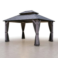 12' X 14' Wood Gazebo, Outdoor Hardtop Gazebo with Wood Posts and Galvanized Steel Doule Roof, Wooden Frame Gazebos with Netting and Curtains for Patio, Backyard, Deck Garden — Studio Shot