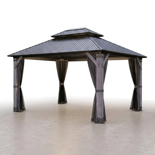 12' X 14' Wood Gazebo, Outdoor Hardtop Gazebo with Wood Posts and Galvanized Steel Doule Roof, Wooden Frame Gazebos with Netting and Curtains for Patio, Backyard, Deck Garden — Studio Shot