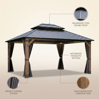 12' X 14' Wood Gazebo, Outdoor Hardtop Gazebo with Wood Posts and Galvanized Steel Doule Roof, Wooden Frame Gazebos with Netting and Curtains for Patio, Backyard, Deck Garden — infographic