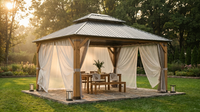 12' X 14' Wood Gazebo, Outdoor Hardtop Gazebo with Wood Posts and Galvanized Steel Doule Roof, Wooden Frame Gazebos with Netting and Curtains for Patio, Backyard, Deck Garden — Lifestyle
