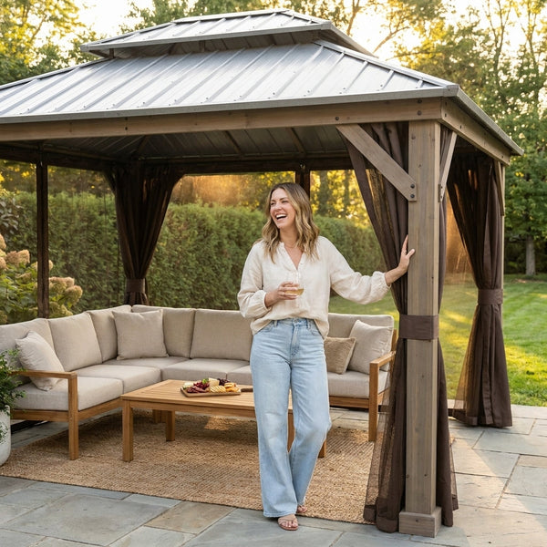 Hardtop Wood Gazebo Built for Year-Round Outdoor Living, 12x14 Feet, Galvanized Steel Roof, Cedar Frame