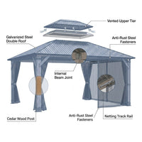 12' X 14' Wood Gazebo, Outdoor Hardtop Gazebo with Wood Posts and Galvanized Steel Doule Roof, Wooden Frame Gazebos with Netting and Curtains for Patio, Backyard, Deck Garden — How It Works