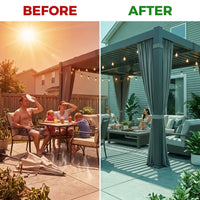 12' X 20' Louvered Pergola, Outdoor Pergola with Curtains & Netting, Aluminum Frame Patio Pergola with Adjustable Louvers Roof & Gutter System, Hardtop Gazebo for Patio, Deck, Garden, Yard, Dark Gray — Before & After