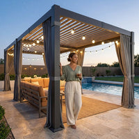 12' X 20' Louvered Pergola, Outdoor Pergola with Curtains & Netting, Aluminum Frame Patio Pergola with Adjustable Louvers Roof & Gutter System, Hardtop Gazebo for Patio, Deck, Garden, Yard, Dark Gray — Lifestyle