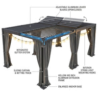 12' X 20' Louvered Pergola, Outdoor Pergola with Curtains & Netting, Aluminum Frame Patio Pergola with Adjustable Louvers Roof & Gutter System, Hardtop Gazebo for Patio, Deck, Garden, Yard, Dark Gray — How It Works