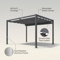 16 Ft. W X 12 Ft. D Aluminum Pergola Outdoor with Dark Gray Retractable Canopy — infographic