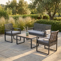 4-Piece Wicker Patio Conversation Set with Cushion, Outdoor Patio Furniture Set with Wood Table Top-Grey Cushions — Studio Shot