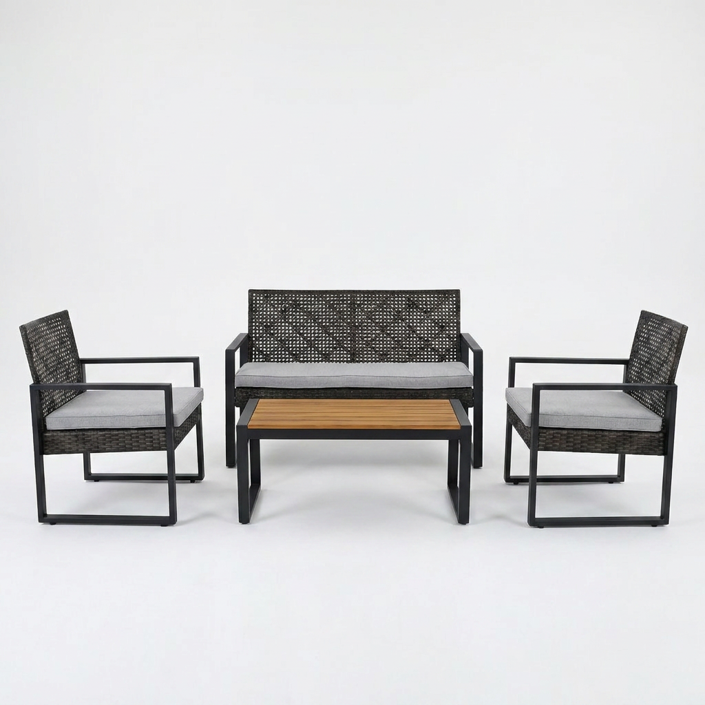 4-Piece Wicker Patio Conversation Set with Cushion, Outdoor Patio Furniture Set with Wood Table Top-Grey Cushions — Studio Shot