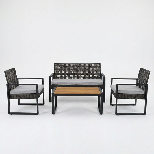 4-Piece Wicker Patio Conversation Set with Cushion, Outdoor Patio Furniture Set with Wood Table Top-Grey Cushions — Studio Shot