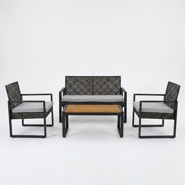 4-Piece Wicker Patio Conversation Set with Cushion, Outdoor Patio Furniture Set with Wood Table Top-Grey Cushions — Studio Shot