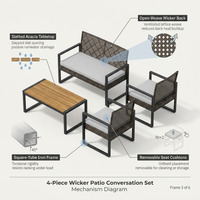 4-Piece Wicker Patio Conversation Set with Cushion, Outdoor Patio Furniture Set with Wood Table Top-Grey Cushions — How It Works