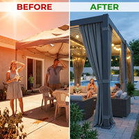 Aluminum Pergola Built for Year-Round Use, 12x20 Louvered Roof, Curtains & Netting, Gutter System — Before & After