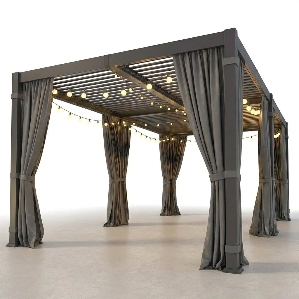 Aluminum Pergola Built for Year-Round Use, 12x20 Louvered Roof, Curtains & Netting, Gutter System — Studio Shot