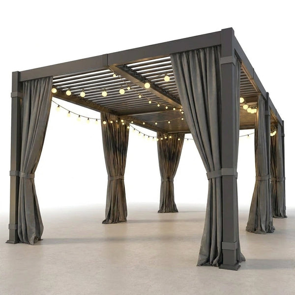 Aluminum Pergola Built for Year-Round Use, 12x20 Louvered Roof, Curtains & Netting, Gutter System — Studio Shot