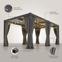 Aluminum Pergola Built for Year-Round Use, 12x20 Louvered Roof, Curtains & Netting, Gutter System — infographic