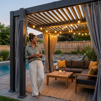Aluminum Pergola Built for Year-Round Use, 12x20 Louvered Roof, Curtains & Netting, Gutter System — Lifestyle