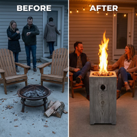 Outdoor Propane Fire Pit, 30000 BTU Column Propane Fire Pit, Wood-Look Surface — Before & After