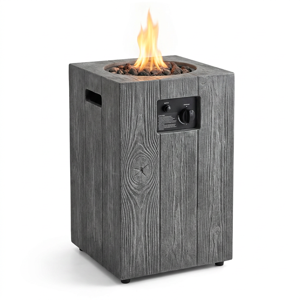 Outdoor Propane Fire Pit, 30000 BTU Column Propane Fire Pit, Wood-Look Surface — Studio Shot