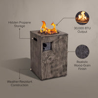 Outdoor Propane Fire Pit, 30000 BTU Column Propane Fire Pit, Wood-Look Surface — infographic