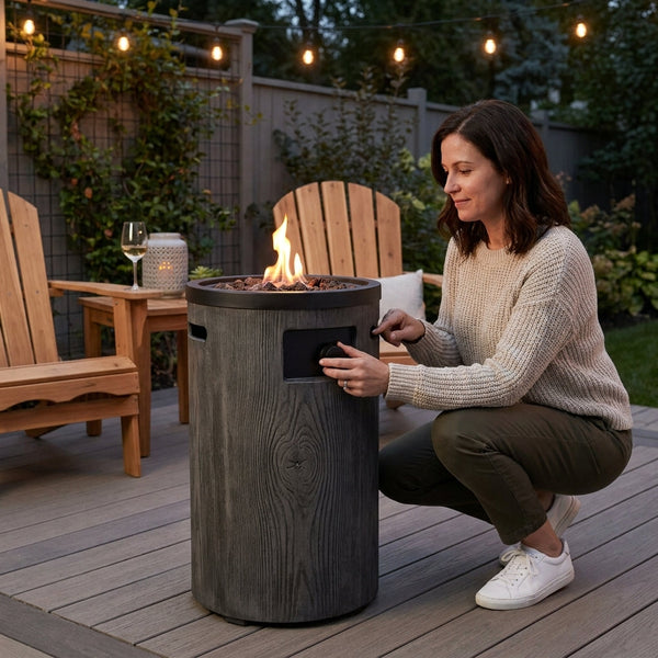 Propane Fire Pit Built for All-Season Warmth, 30000 BTU, Wood-Look Surface, Electronic Ignition