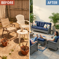 Patio Furniture Set 6-Piece Outdoor Patio Conversation Set with Blue Cushions Lawn Furniture — Before & After