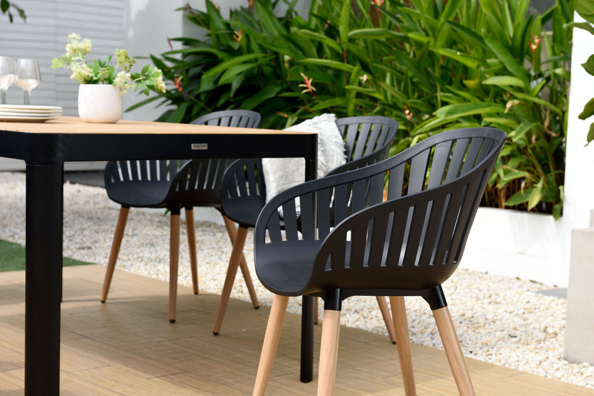 Portals Dark Rectangular Teak Table and 8 Nassau Black Dining Set
