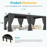12' X 20' Louvered Pergola, Outdoor Pergola with Curtains & Netting, Aluminum Frame Patio Pergola with Adjustable Louvers Roof & Gutter System, Hardtop Gazebo for Patio, Deck, Garden, Yard, Dark Gray