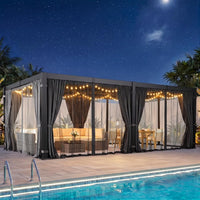 12' X 20' Louvered Pergola, Outdoor Pergola with Curtains & Netting, Aluminum Frame Patio Pergola with Adjustable Louvers Roof & Gutter System, Hardtop Gazebo for Patio, Deck, Garden, Yard, Dark Gray